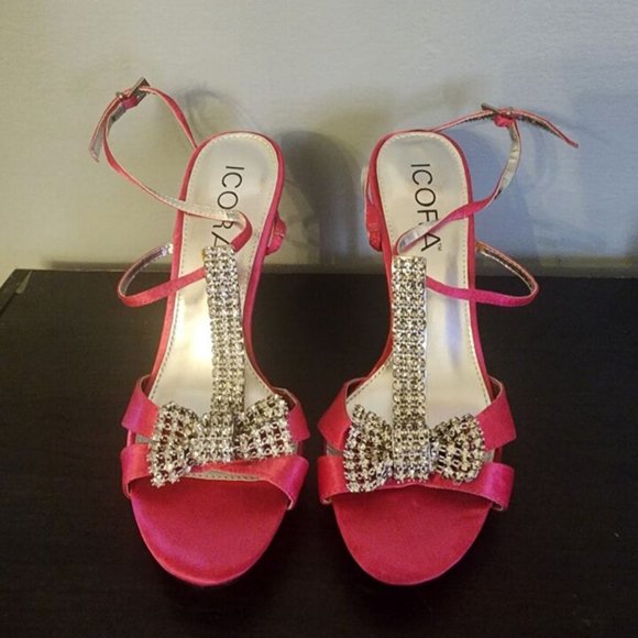 CORA Rhinestones Pink/ Silver Fabric Open Toe Platform Stiletto Heels Size 6 - Picture 2 of 11
